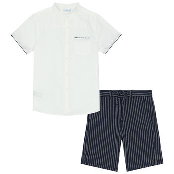 Boys White & Navy Blue Shorts Set