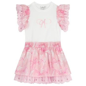 Girls Pink Bow Broderie Anglaise Dress