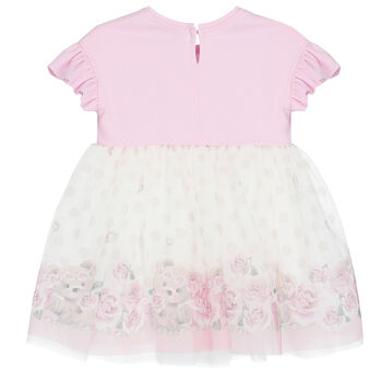 Younger Girls White & Pink Roses & Bears Tulle Dress