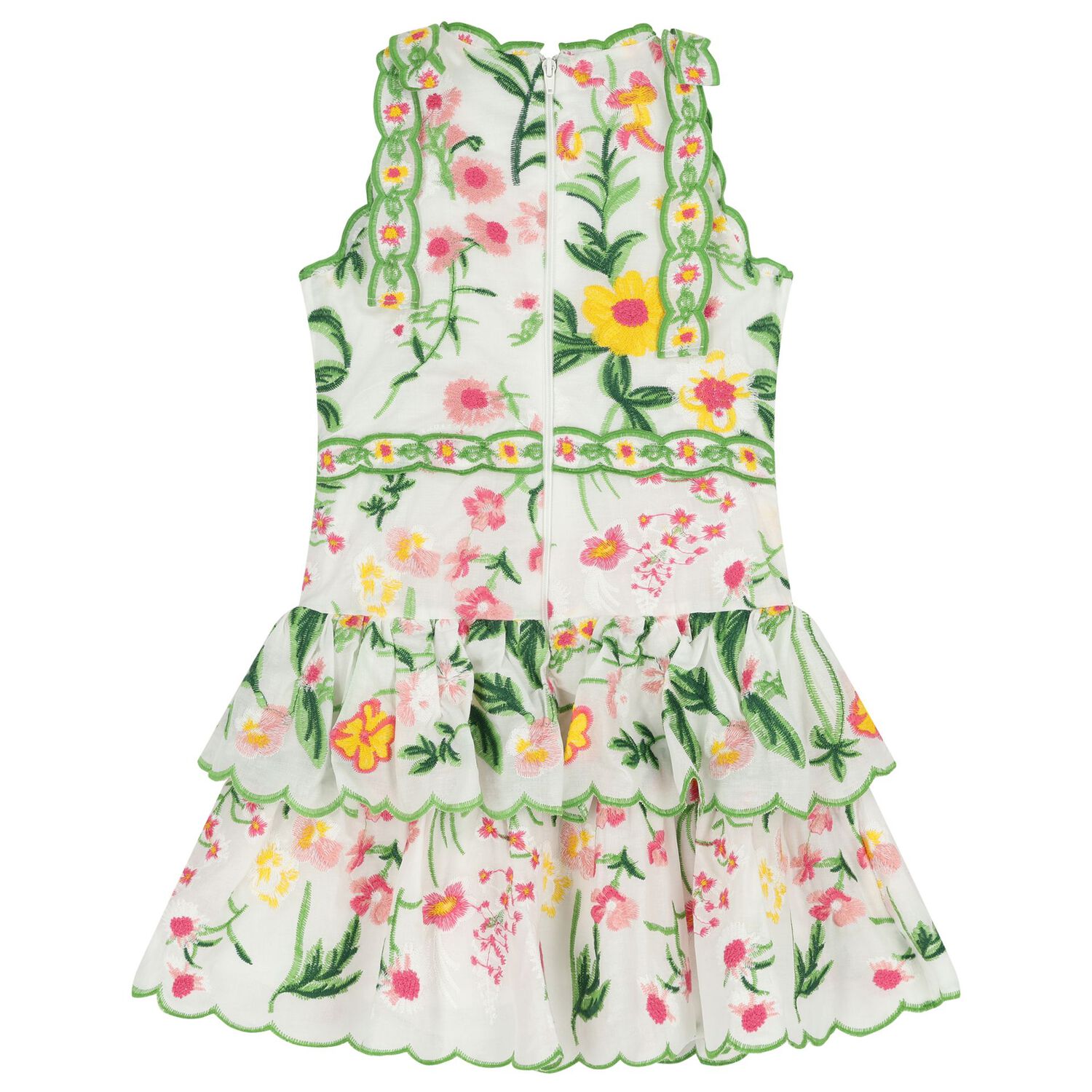 Girls White & Green Embroidered Floral Dress, 1, hi-res