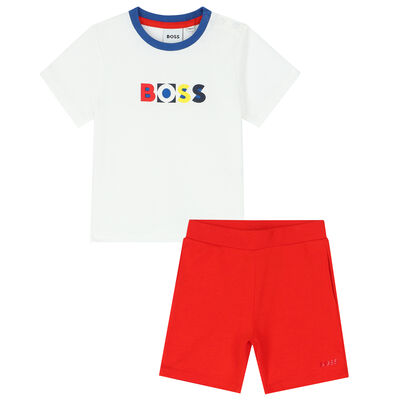 Younger Boys White & Red Logo Shorts Set