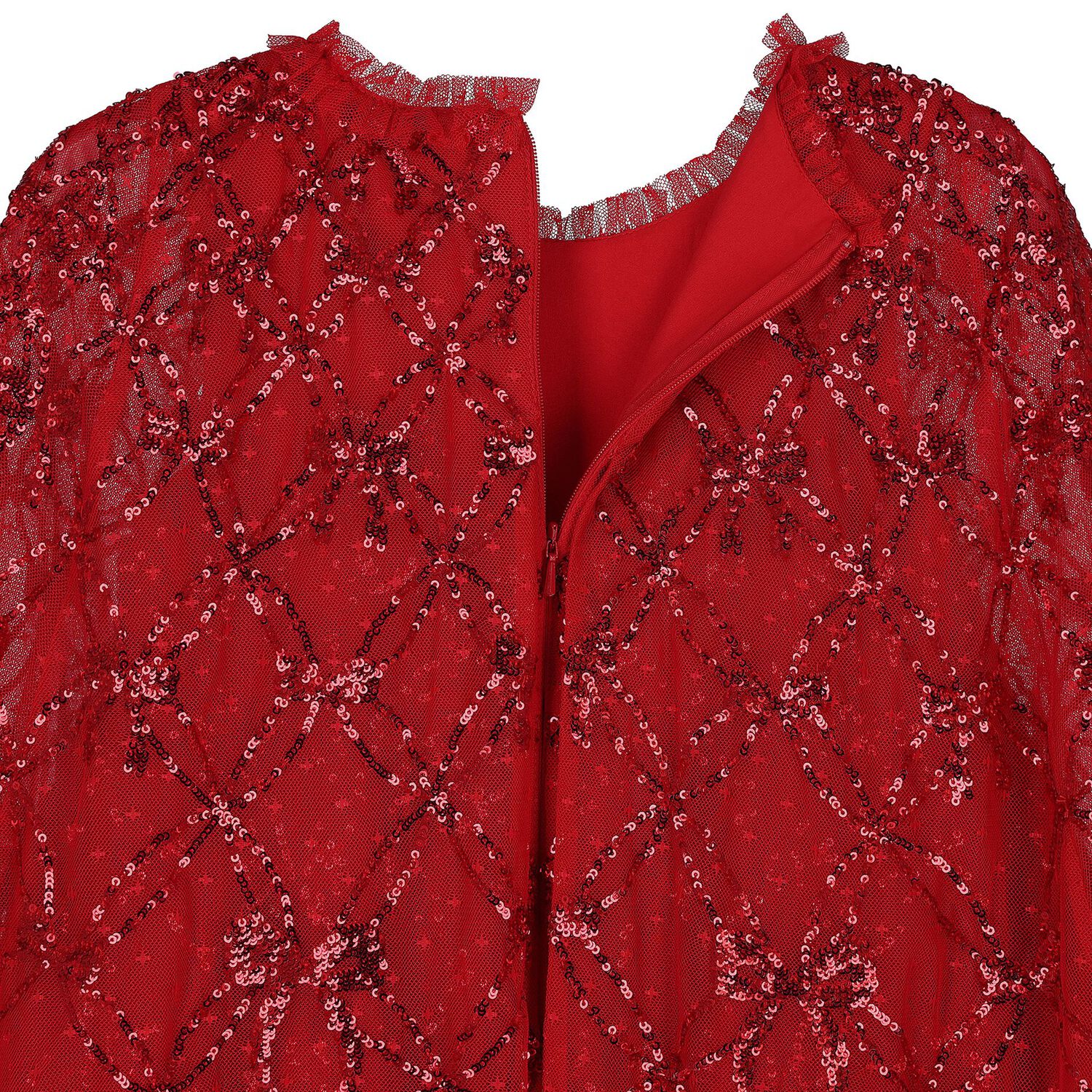 Girls Red Bow Lattice Sequin Cape Dress, 2, hi-res