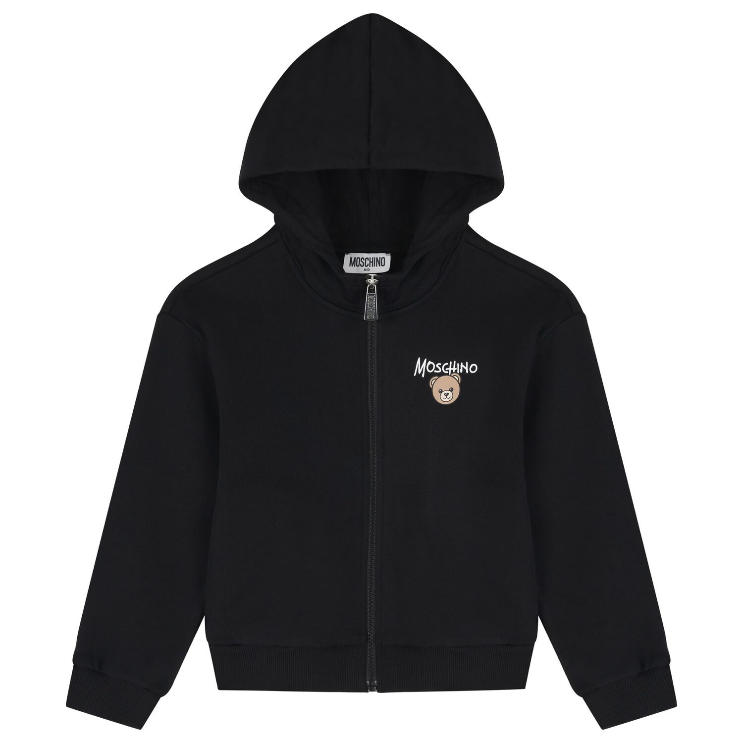 Black Teddy Bear Logo Hooded Zip Up Top, 1, hi-res