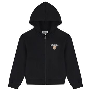 Black Teddy Bear Logo Hooded Zip Up Top