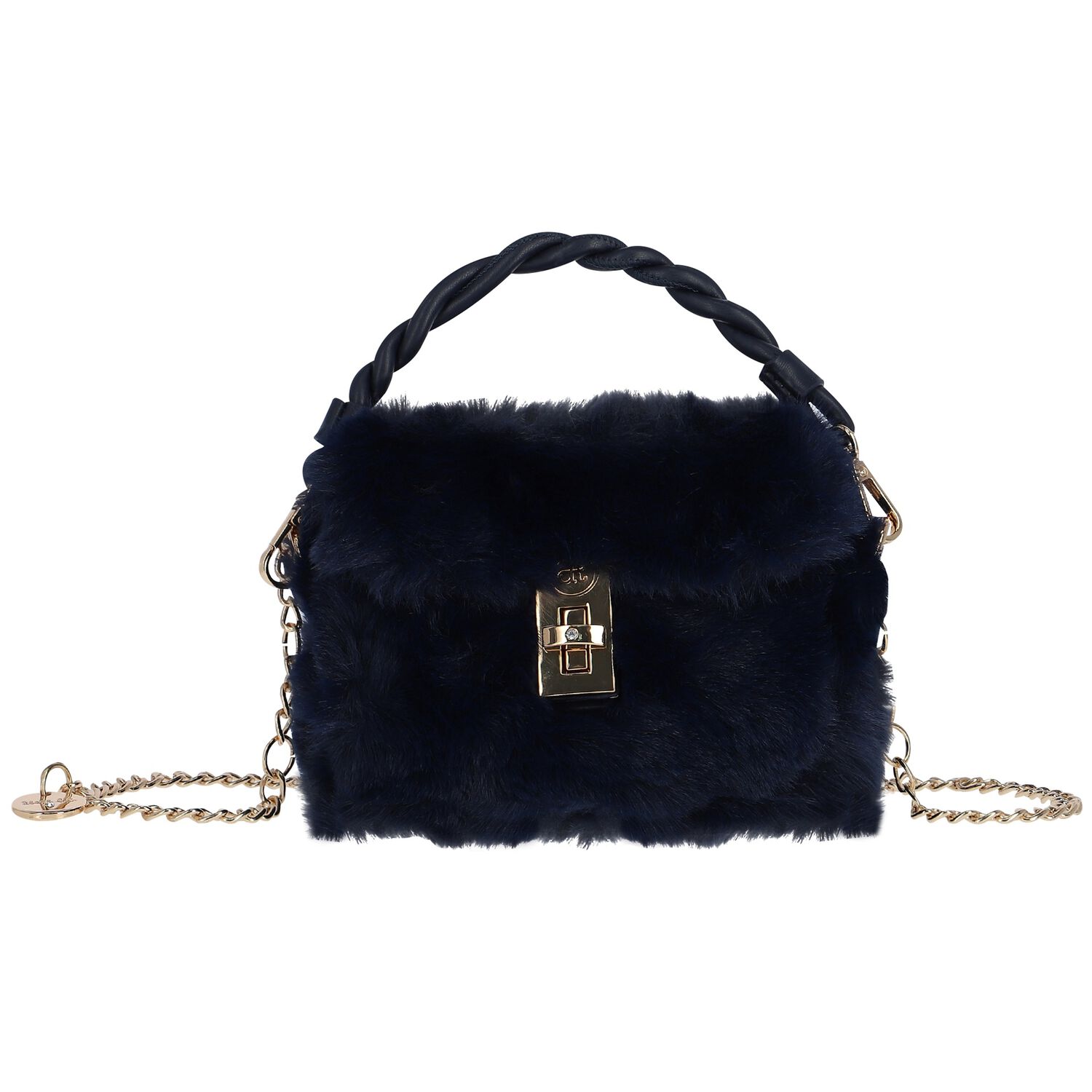 Girls Navy Blue Faux Fur Handbag, 2, hi-res image number null