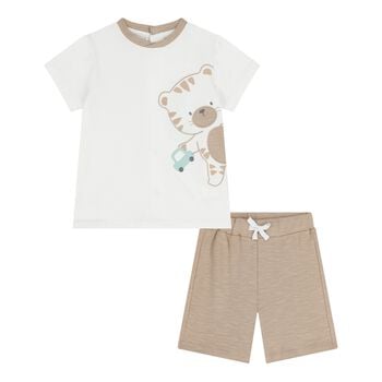 Baby Boys White & Beige Tiger Shorts Set