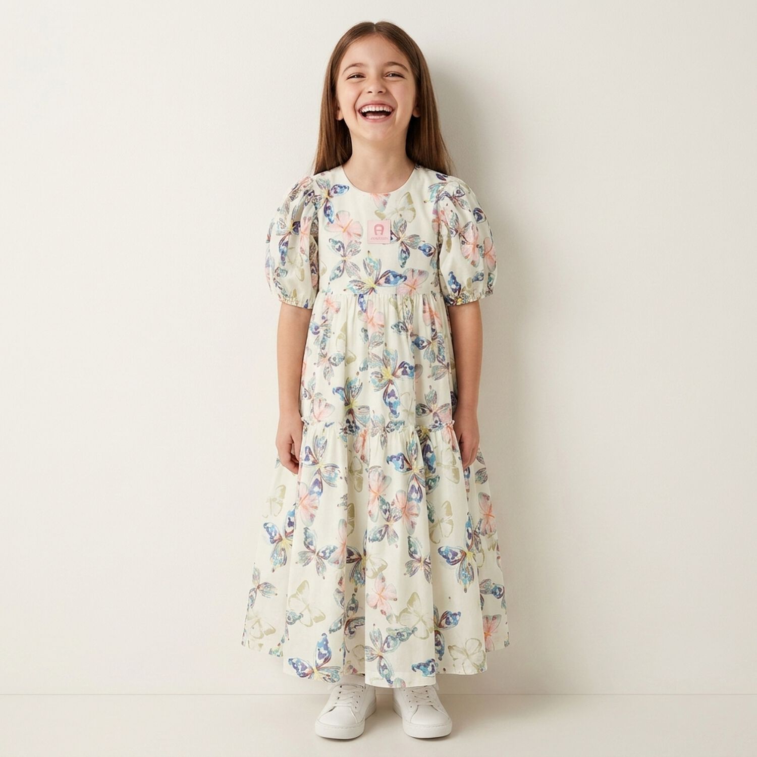 Girls Ivory Butterflies Logo Dress , 1, hi-res
