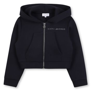 Girls Navy Blue Logo Hooded Zip Up Top