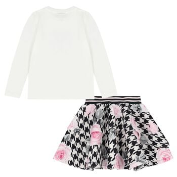 Girls Ivory & Black Embellished Houndstooth Skirt Set