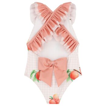Girls White & Coral Peaches Swimsuit