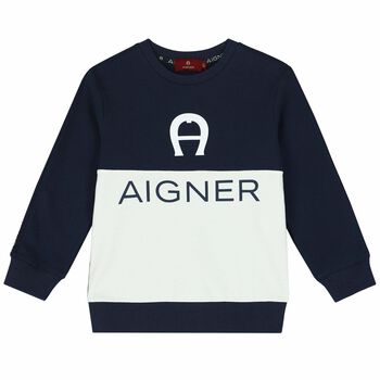 Aigner سويت شيرت بالشعار باللون الكحلى والابيض للاولاد, 1 سويت شيرت بالشعار باللون الكحلى والابيض للاولاد