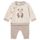 Baby Boys Beige Teddy Bear Knitted Trouser Set, 1, hi-res