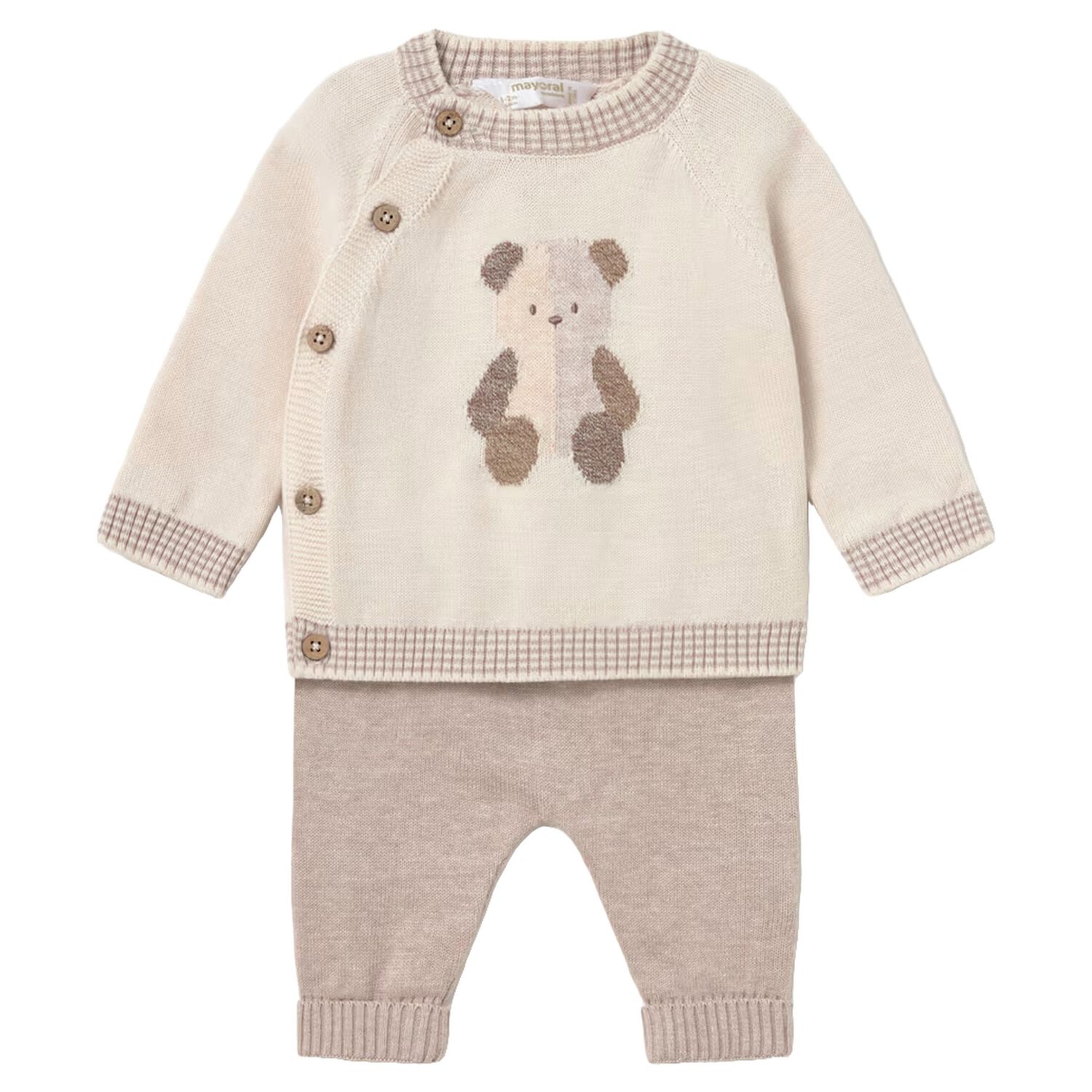 Baby Boys Beige Teddy Bear Knitted Trouser Set, 1, hi-res