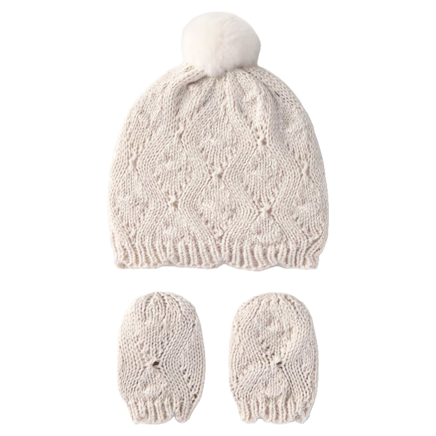 Beige Knitted Baby Hat & Mittens Set, 1, hi-res