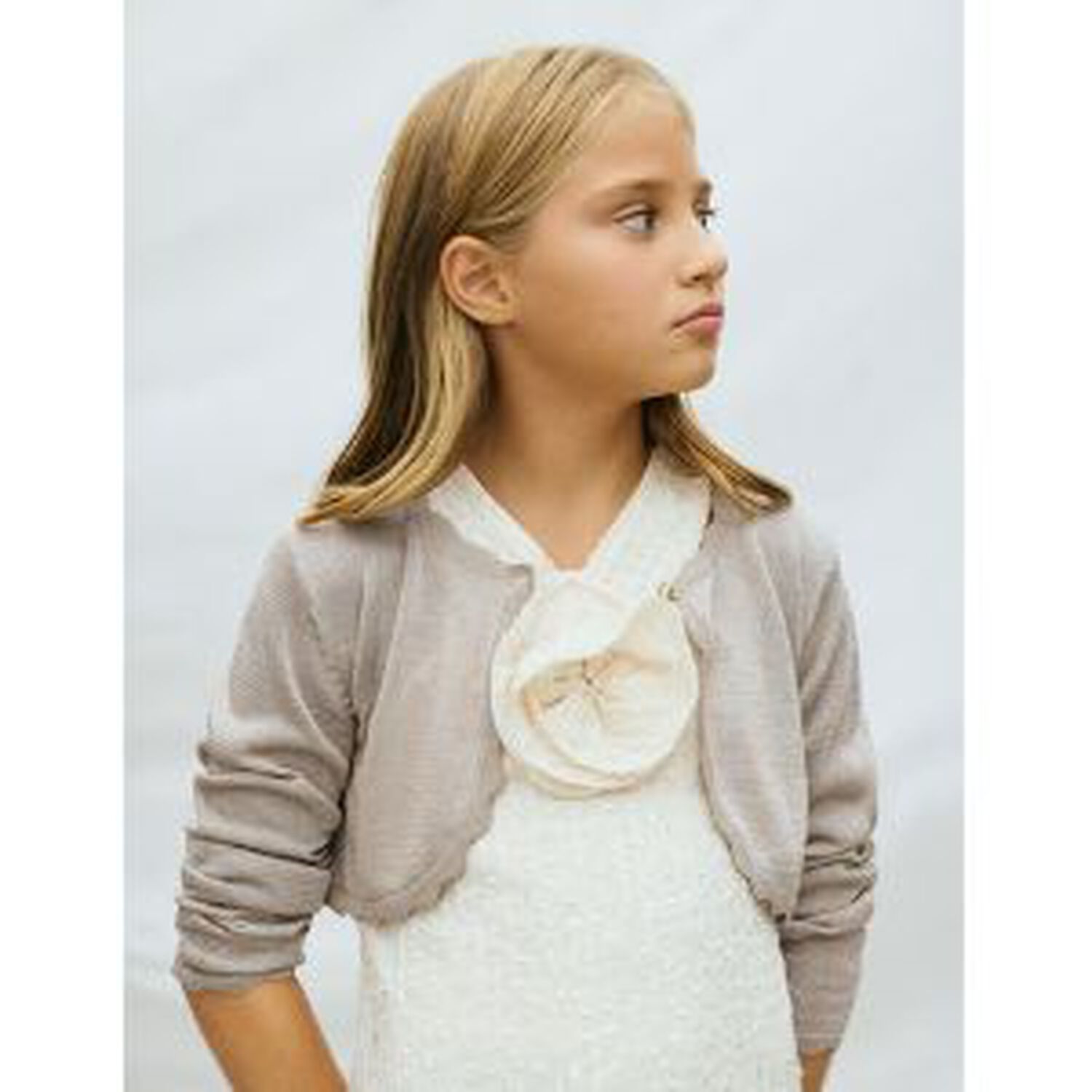 Girls Beige Bolero Knit Cardigan, 2, hi-res
