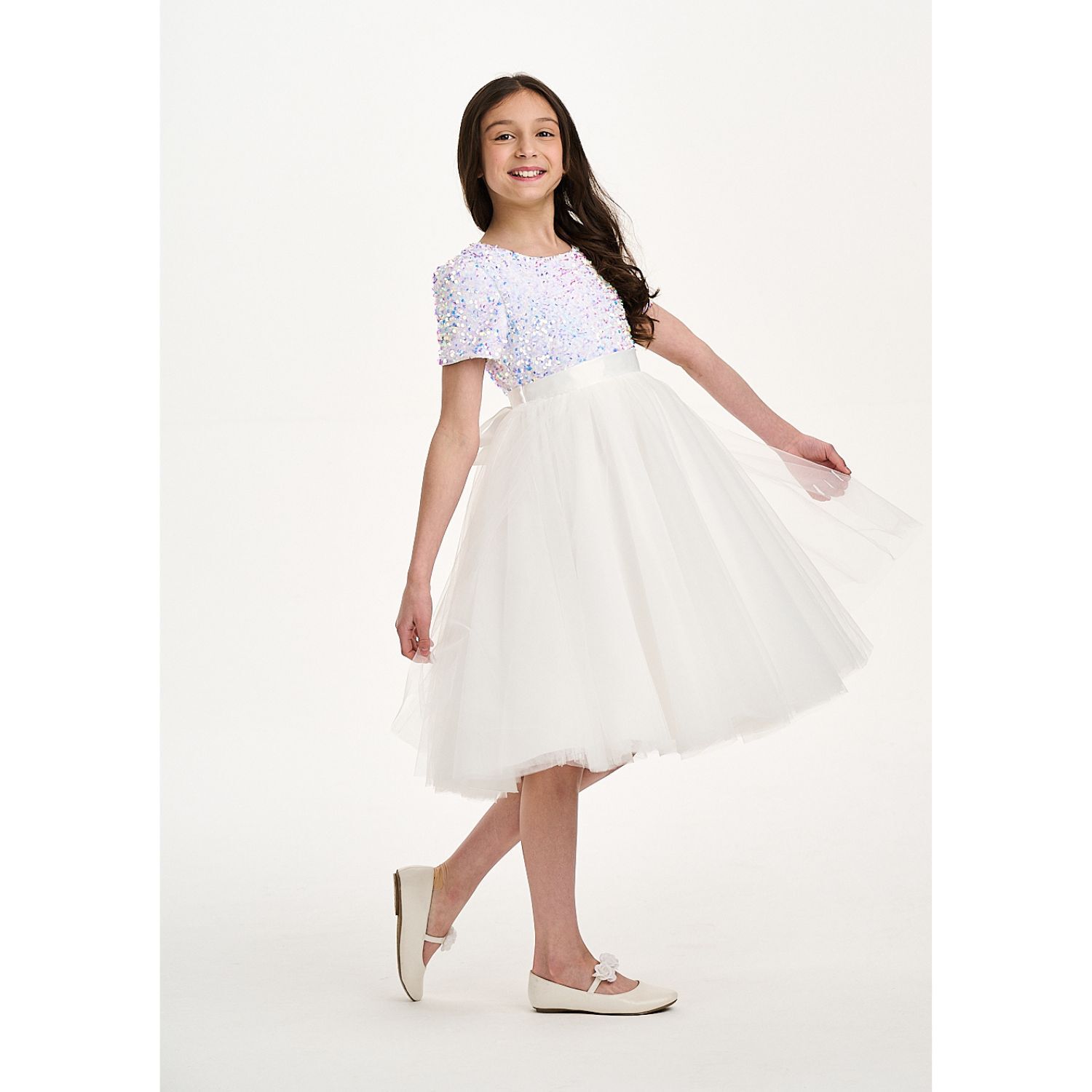 Girls White Sequin Tulle Dress, 1, hi-res image number null