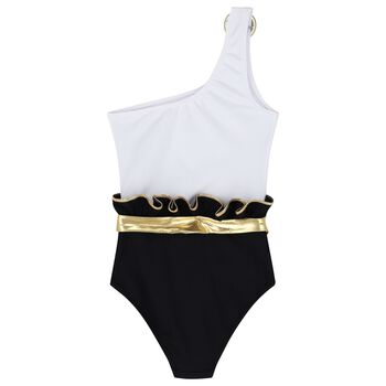 Girls White & Black Ruffled Swimsuit