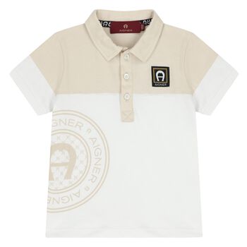 Younger Boys White & Beige Logo Polo Shirt