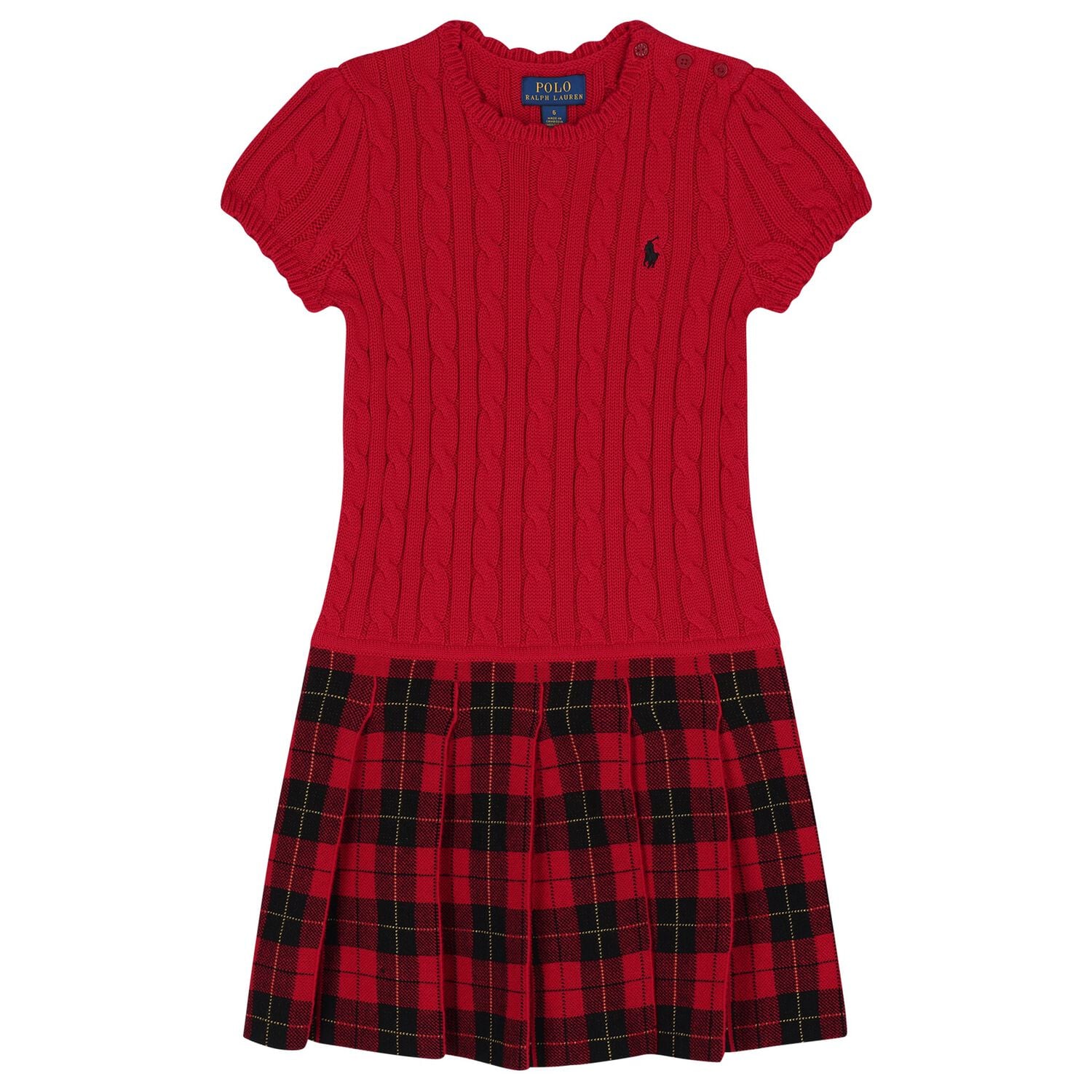 Girls Red Cable Knit & Tartan Dress, 1, hi-res