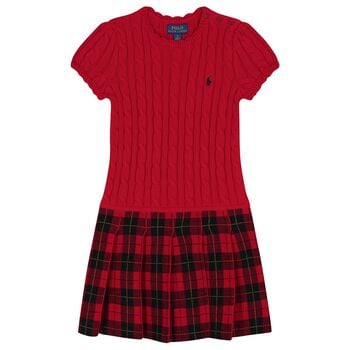 Girls Red Cable Knit & Tartan Dress