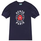 Girls Navy Blue Logo Flower Dress, 2, hi-res