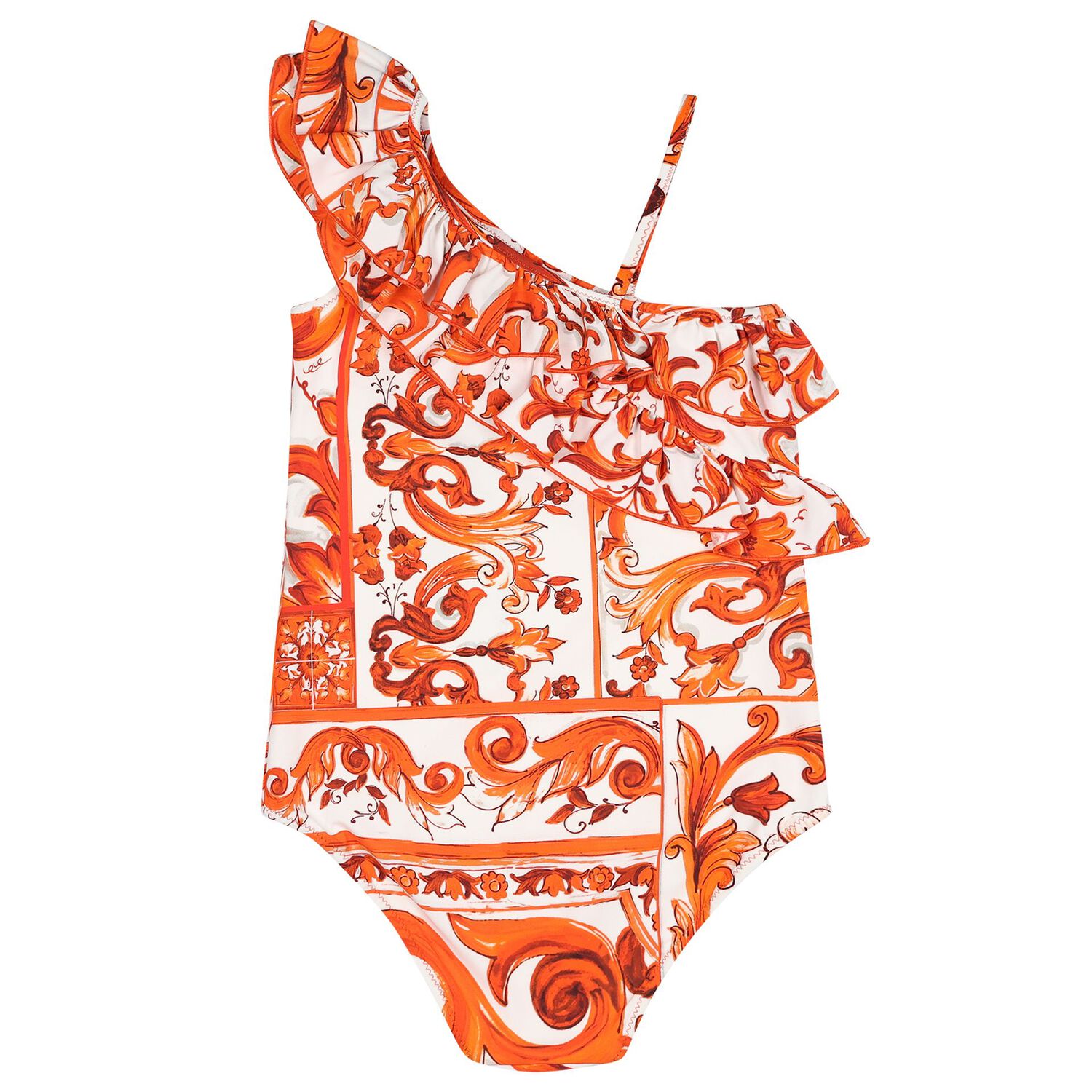 Girls White & Orange Majolica Swimsuit, 1, hi-res