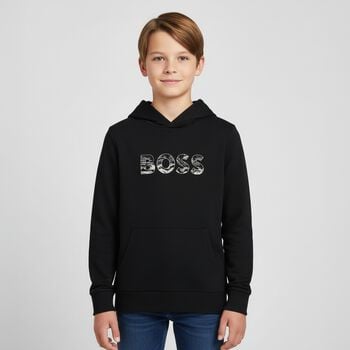 Boys Black Logo Hooded Top