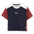 Younger Boys Navy Blue, Ivory & Orange Logo T-Shirt, 1, hi-res