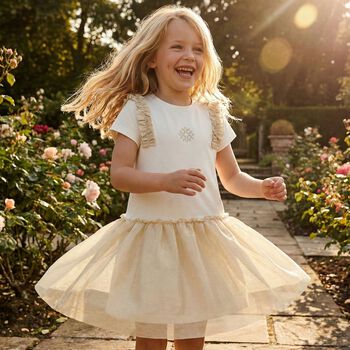 Girls Ivory & Gold Logo Dress