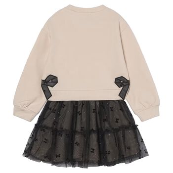 Girls Beige & Black Bow Tulle Skirt Set
