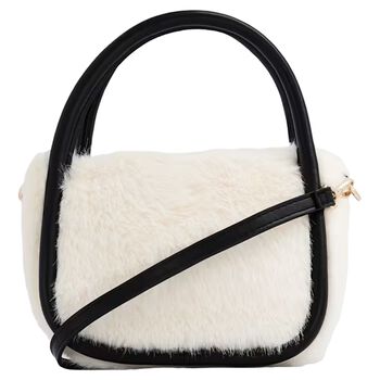 Girls Ivory & Black Faux Fur Handbag ( 13cm )