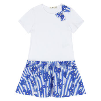Girls White & Blue Bow Dress
