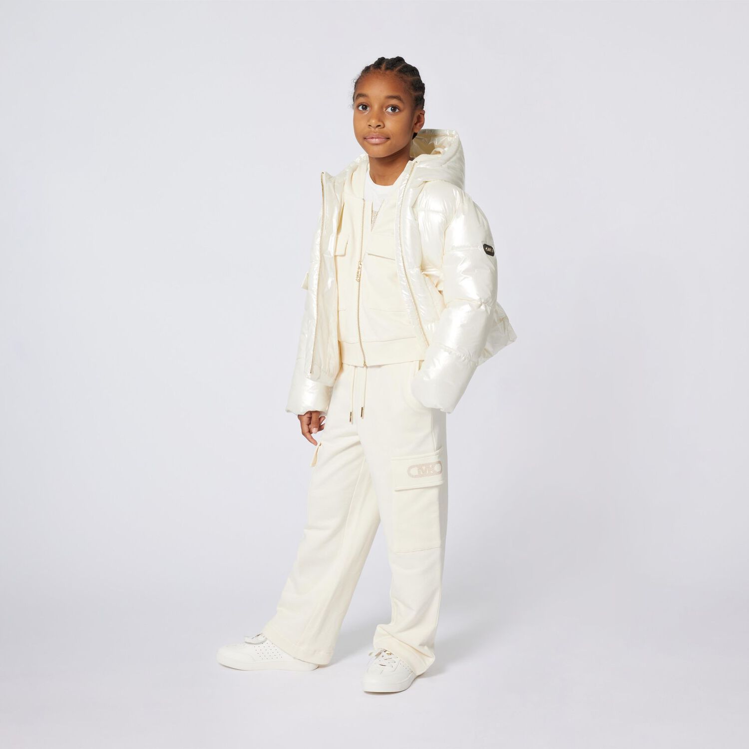Girls Ivory Logo Hooded Zip Up Top, 1, hi-res