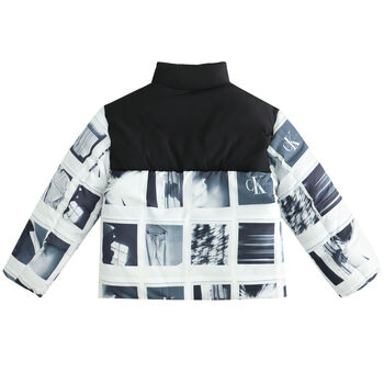 Boys White & Black Logo Puffer Jacket