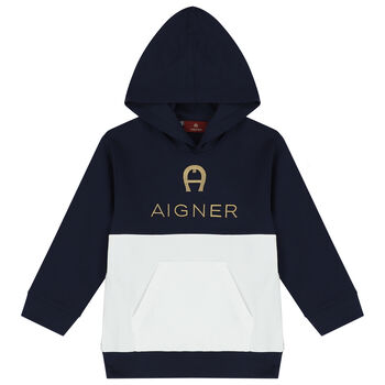 Boys Navy Blue & White Logo Hooded Top