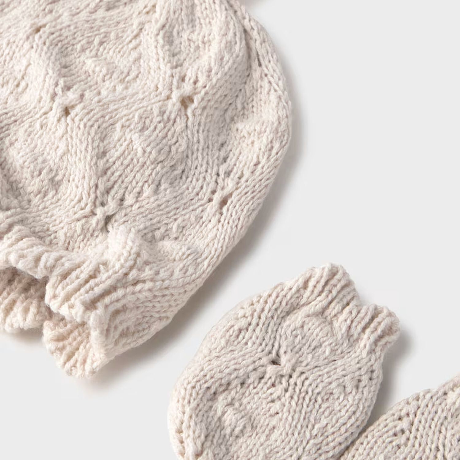 Beige Knitted Baby Hat & Mittens Set, 1, hi-res