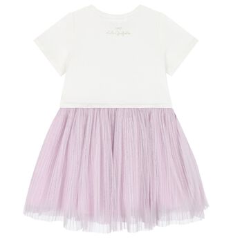 Girls White & Purple Logo Tulle Dress
