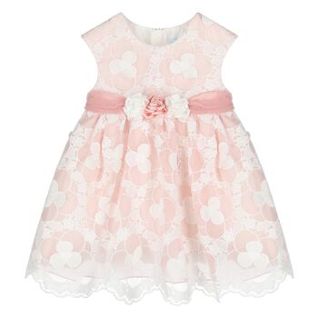 Younger Girls White & Pink Embroidered Organza Dress