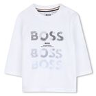 Younger Boys White Logo Long Sleeve Top, 1, hi-res
