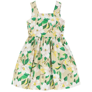 Girls Beige & Green Floral Dress