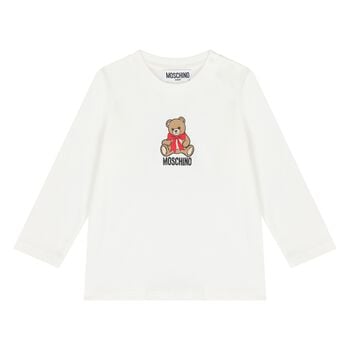 Younger White Teddy Bear Logo Long Sleeve Top