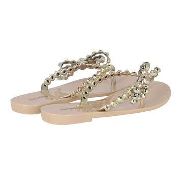 Girls Beige & Gold Bow Flip Flops