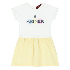 Younger Girls White & Yellow Logo Dress