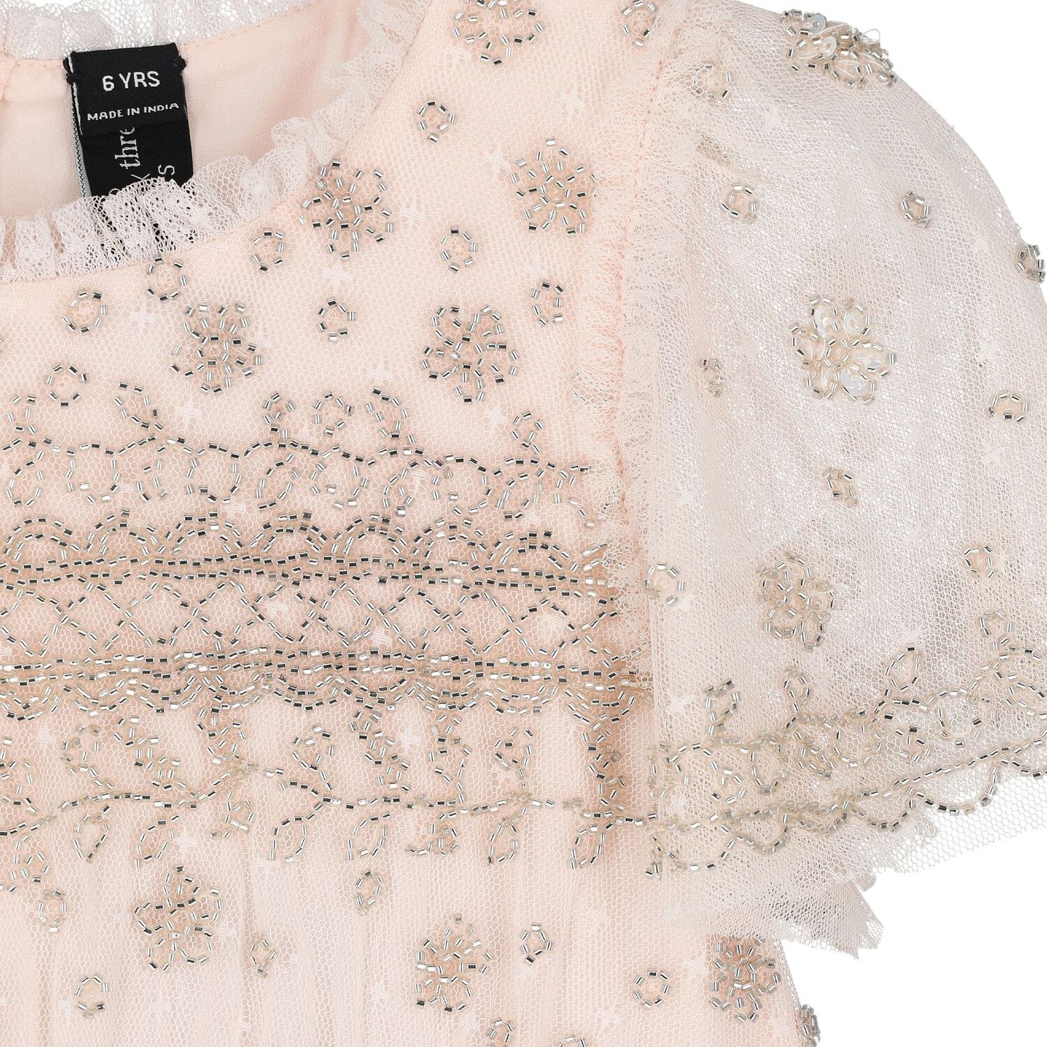 Girls Pink Beaded Ruffle Tulle Dress, 1, hi-res