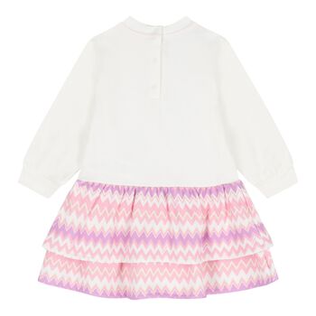 Younger Girls White & Pink Zigzag Logo Dress