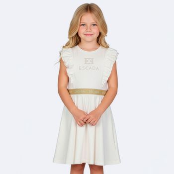 Girls Ivory & Gold Logo Ruffled Dress