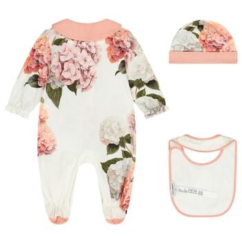 Baby Girls Ivory & Pink Floral Logo Babygrow Gift Set