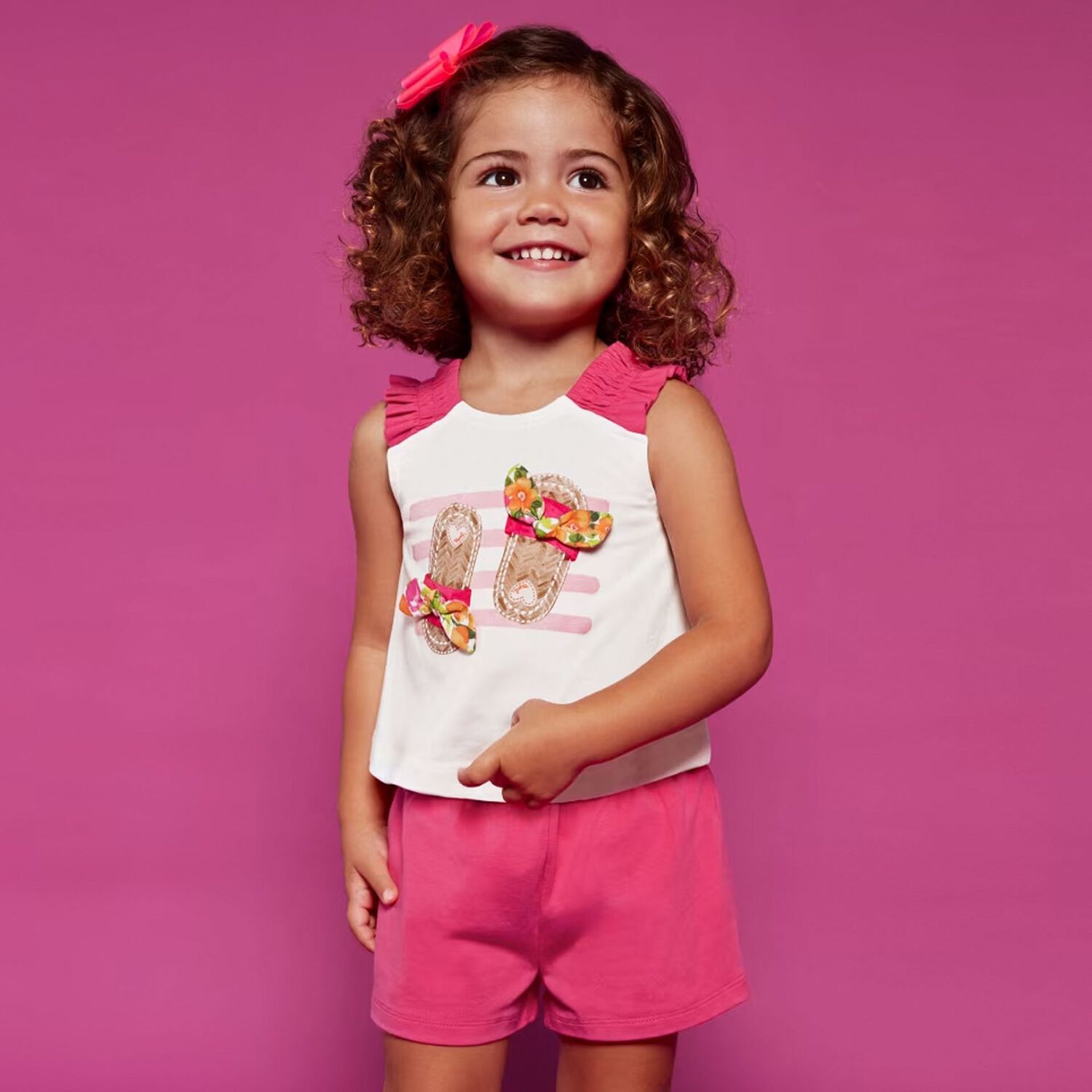 Younger Girls White & Pink Shorts Set, 1, hi-res