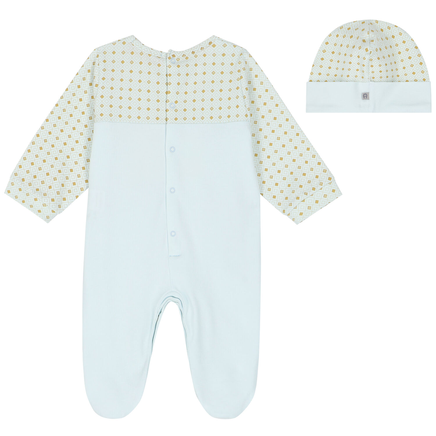 Boys Blue, Ivory & Gold Logo Babygrow & Hat Set, 1, hi-res