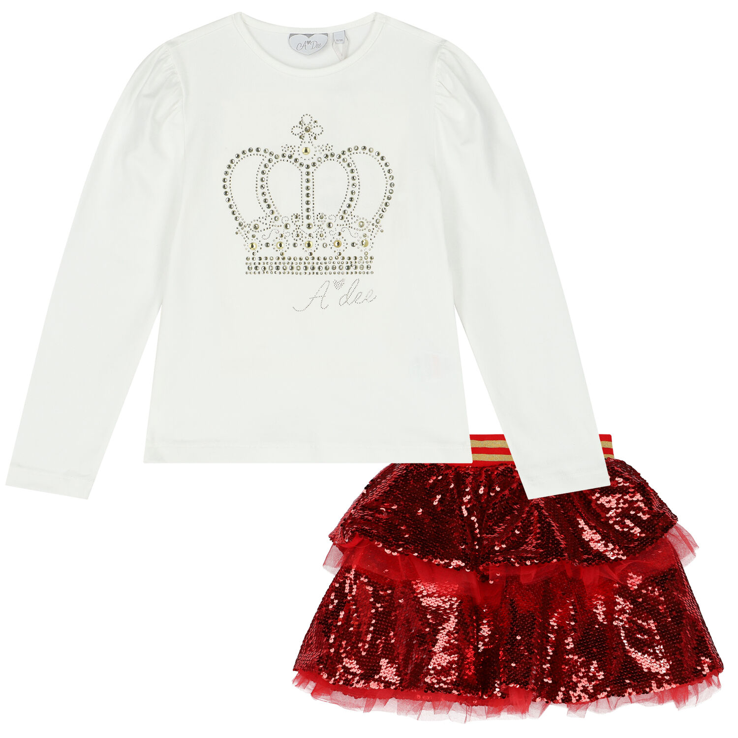 Girls White & Red Sequin Skirt Set, 1, hi-res image number null
